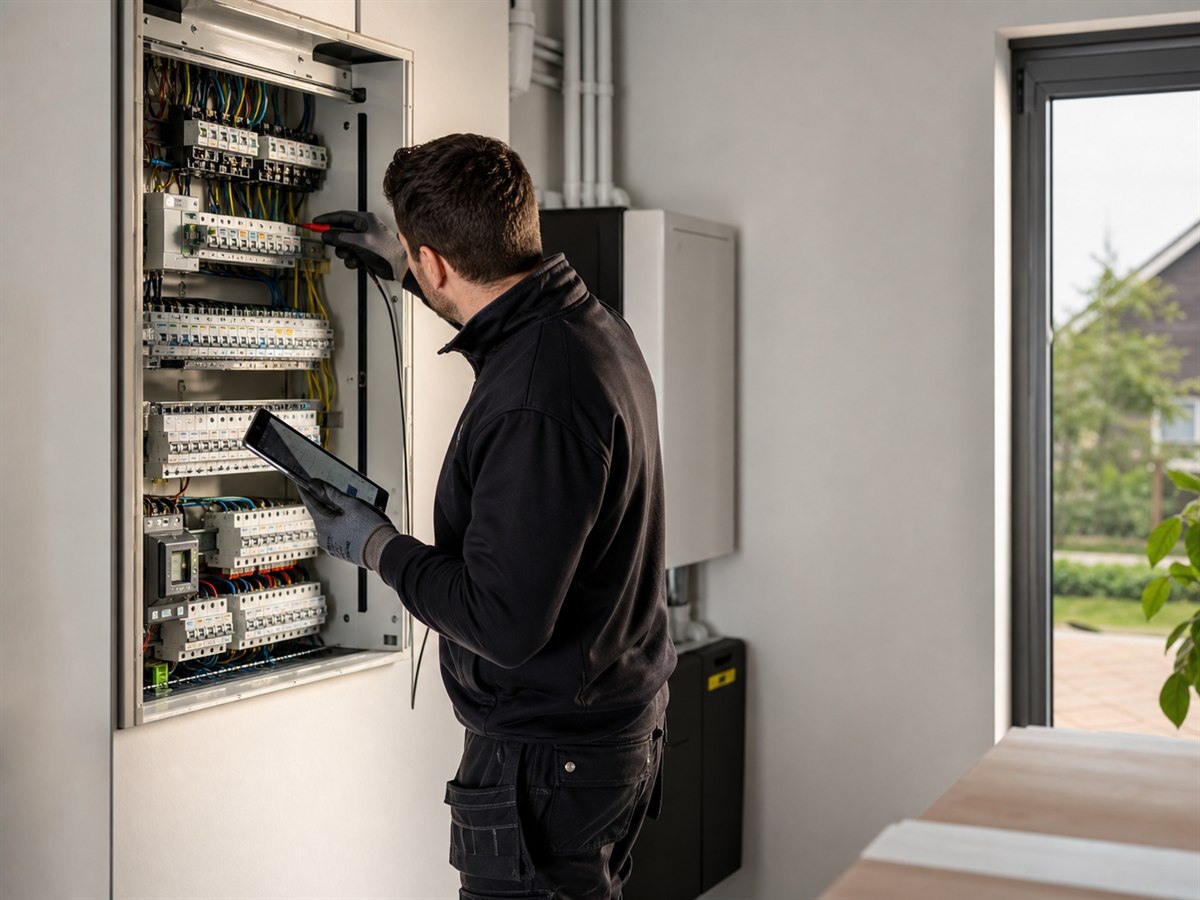Elektromonteur controleert een moderne groepenkast