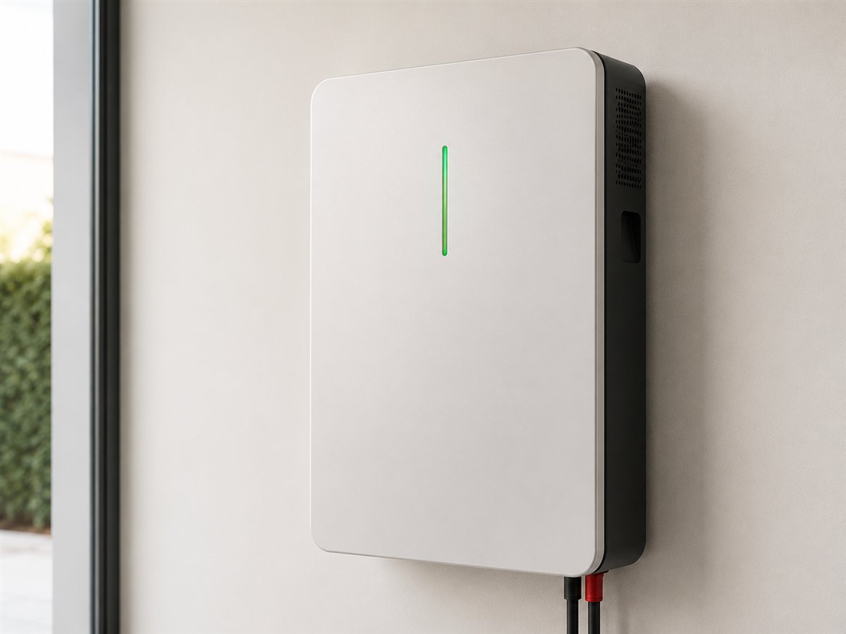 Moderne thuisbatterij aan de wand van een woning